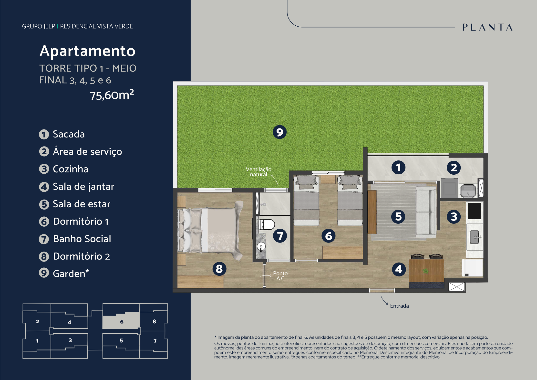 Planta Torre A e B Garden — 61,58 – 75,60 m² — foto 2