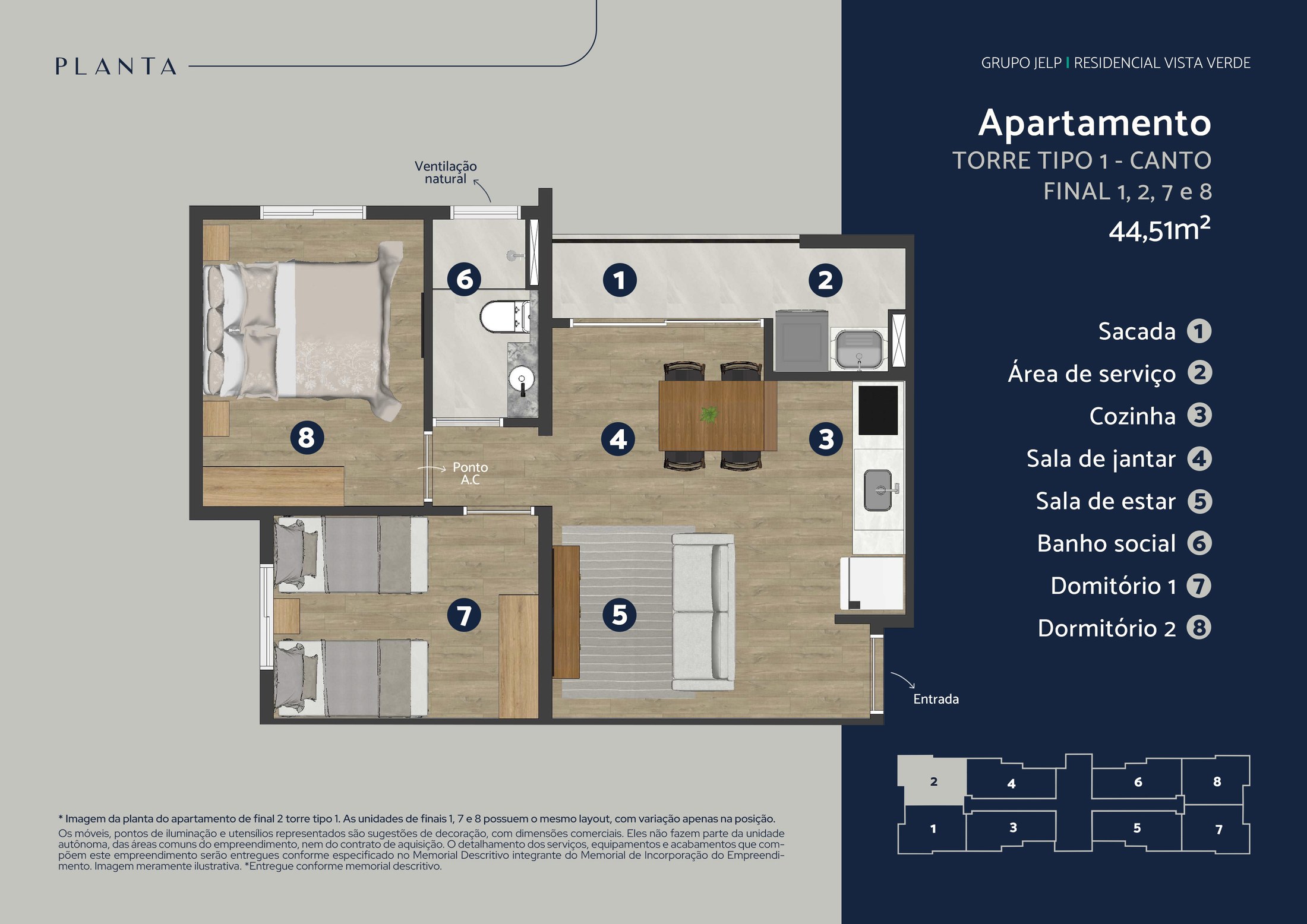 Planta Torre A e B Padrão — 44,51 – 44,96 m² — foto 1